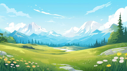Fototapeta premium copy space, Vector illustration. View of an alpine landscape during spring time. Simple vector illustration, with meadows and alpine mountains in the background. Alpine landscape mockup or template.