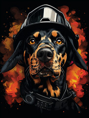 T-shirt design, a diligent black Dal dog, firefighter hat poised on its head, brought to life through digital mixed media created with Generative Ai