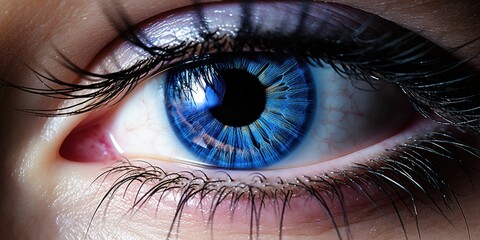 Fototapeta premium Close-up of a female eye with long eyelashes and a blue and grey iris