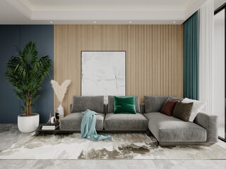 Mock up of a fashionable spacious living room with a stylish corner sofa and a modern background, 3D rendering.