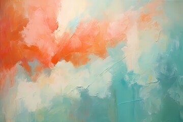 Teal and coral brushstrokes mingle freely, giving birth to a lively and enchanting abstract composition.