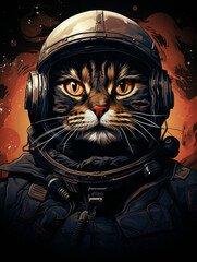 T-shirt design, a proud black cat donned in an astronaut's uniform, the American flag prominently displayed, painted with hyperrealistic portraiture techniques created with Generative Ai