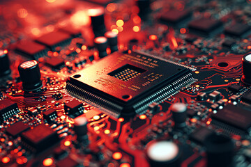 Fototapeta na wymiar A powerful computer processor or chip on a motherboard. Modern technologies. Red background. Modern electronics production
