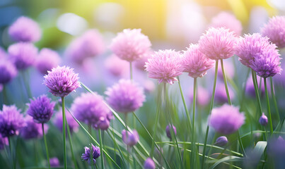 Obraz premium A beautiful natural background image of a young fresh chive plant in the bright sunlight of a summer spring morning close up. Selective soft focus.