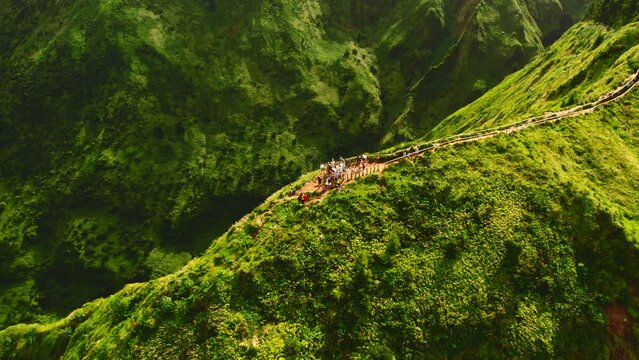 Drone point of view tourists visited Boca do Inferno hiking trail with picturesque view of large volcanic crater lake Sete Cidades. San Miguel, Ponta Delgada island, Azores, Portugal. Travel concept