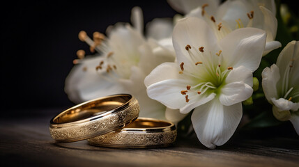 Wedding rings and white lilies on a wooden table.  Generate AI