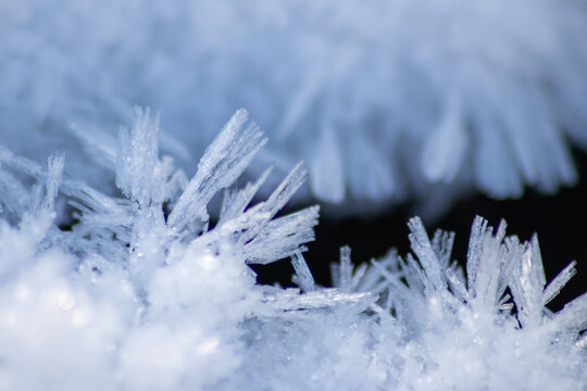 Ice crystals macro in close-up view shows beautiful ice structures of frozen water with spikey crystals and elegant snowflakes after winter snowfall in arctic climate with cold temperatures crackling