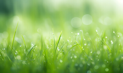 Obraz premium Beautiful spring bright nature background with soft leaves of green tall grass and morning dew. Soft focus.