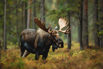 Big male Bull moose Alces alces in deep forest of Sweden. Big animal in the forest. Elk symbol of Sweden. Wildlife animal  - obrazy, fototapety, plakaty