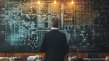 A trial lawyer business man in office scrutinizes looking a large flowchart screen on the wall, technology strategy concept - obrazy, fototapety, plakaty