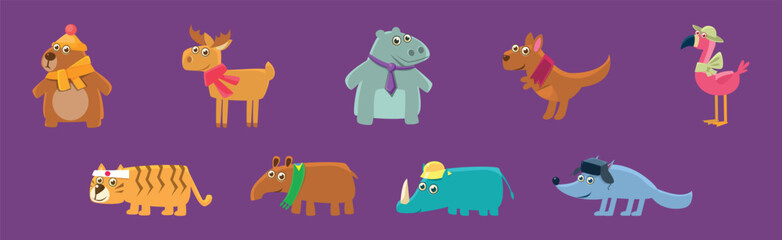 Funny Animal Character Wearing Head Accessory Vector Set