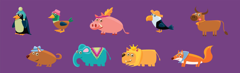 Funny Animal Character Wearing Head Accessory Vector Set