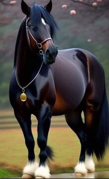 a picturesque image of a majestic horse standing gracefully in a sunlit field. Choose a horse with a distinctive coat color, such as chestnut or bay, to enhance the visual appeal. Capture the horse in