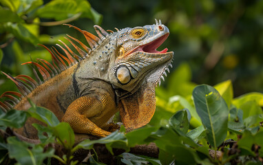Obraz premium Iguana on branch close up. Generative AI