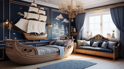 Obraz na płótnie Canvas Nautical Dreams: Tranquil Coastal-Inspired Kids Bedroom Featuring a Ship Theme - AI-Generative