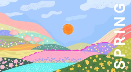 Rolgordijnen Spring landscape with flowers, green grass and trees, hills and mountains. Hot sun in the blue sky with clouds.Green grass meadow on hills Panorama peaceful nature in springtime.Vector illustration © tandav