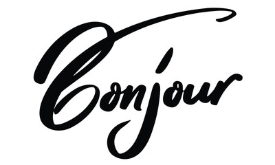 Bonjour inscription. Handwriting one word Bonjour isolated on white background. Lettering word Bonjour in black color. Hand drawn vector art. © clelia-clelia