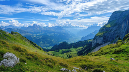 Fototapeta na wymiar An expansive panorama showcasing the stunning beauty of the Alpine region