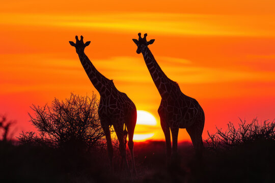 Two giraffes in the bush at sunset, Etosha National Park, Namibia, Africa