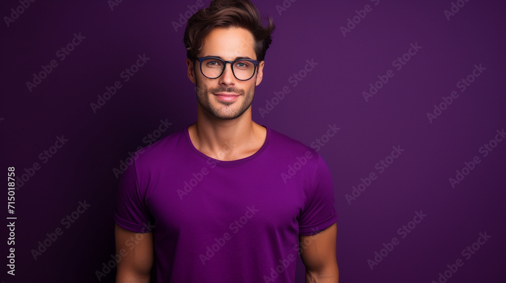 Wall mural Handsome brunette man isolated on purple background - Wall murals