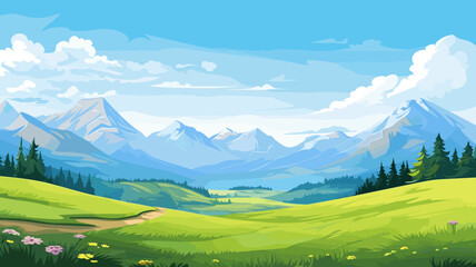 copy space, Vector illustration. View of an alpine landscape during spring time. Simple vector illustration, with meadows and alpine mountains in the background. Alpine landscape mockup or template. T