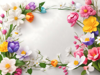 Fototapeta premium Colourful spring flowers with white copy space. Beautiful mockup spring background Illustration design.