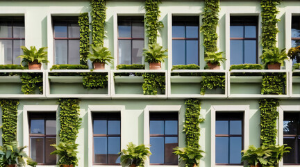 Fototapeta na wymiar Grüne Fassade an Hochhäusern in der Stadt . Umweltprojekt . KI Generated