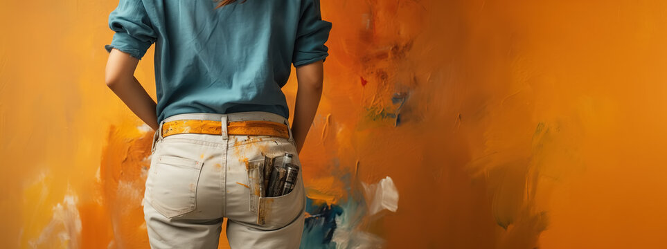 Young woman in casual clothes facing an orange wall with brush strokes texture. Renovations, painting, paint work. Copy space.