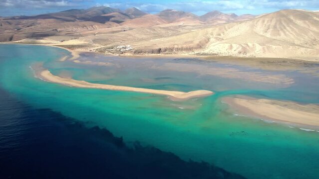Fuerteventura sea scenery aerial drone view. Best scenic beaches and famous sport for windsurfing and kitesurfing Sotavento in south. view of lagoon .Canary islands