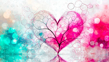 Illustration d'un arbre avec coeur aux couleurs bleu et rose, Saint Valentin, mariage, sentiment d'amour et de romantisme