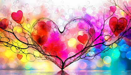 Illustration d'un arbre avec coeurs colorés, Saint Valentin, mariage, sentiment d'amour et de romantisme