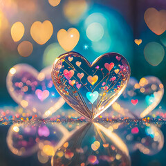 Coeurs translucides remplis de coeurs colorés avec un magnifique bokeh, Saint Valentin, mariage, sentiment d'amour et de romantisme