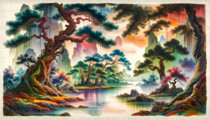 Scenic Asian Landscape Watercolour Art.
Watercolour art of a scenic Asian landscape.