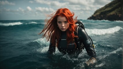 red-haired girl in scuba gear - obrazy, fototapety, plakaty