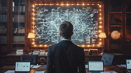 A trial lawyer business man in office scrutinizes looking a large flowchart screen on the wall, technology strategy concept - obrazy, fototapety, plakaty