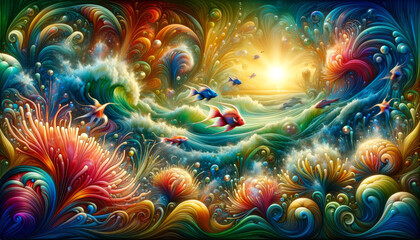 Surreal Oceanic Life Illustration.
Colourful and surreal illustration of oceanic life and coral reefs.