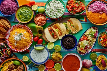 A colorful and appetizing top view of Mexican festive food for Independence Day, featuring chili, cilantro, tacos, burritos, chalupas, pozole, tamales, and chicken with mole poblano sauce.