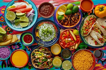 Fotobehang A colorful and appetizing top view of Mexican festive food for Independence Day, featuring chili, cilantro, tacos, burritos, chalupas, pozole, tamales, and chicken with mole poblano sauce. © bluebeat76