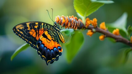 Close-up of a butterfly emerging from its cocoon, representing transformation and the optimistic embrace of change. [Butterfly emerging from cocoon - obrazy, fototapety, plakaty