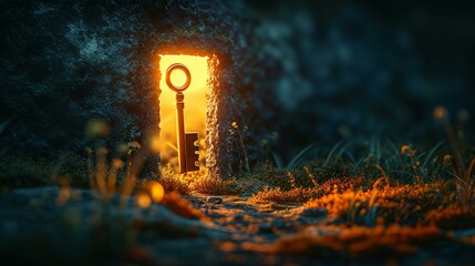 A conceptual artwork of a key unlocking a door to a bright, optimistic future. [Key unlocking optimistic future - obrazy, fototapety, plakaty