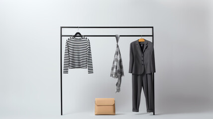 Apparel on a metal clothes rack. Shirt, office suit, scarf, and leather bag, on light gray background with copy space. Well organized minimalist wardrobe.