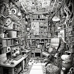 Monochrome Illustration of a Cluttered Creative Workspace