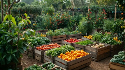 A community garden flourishing with a variety of fruits and vegetables, representing the optimism of shared growth. [Community garden with fruits and vegetables
