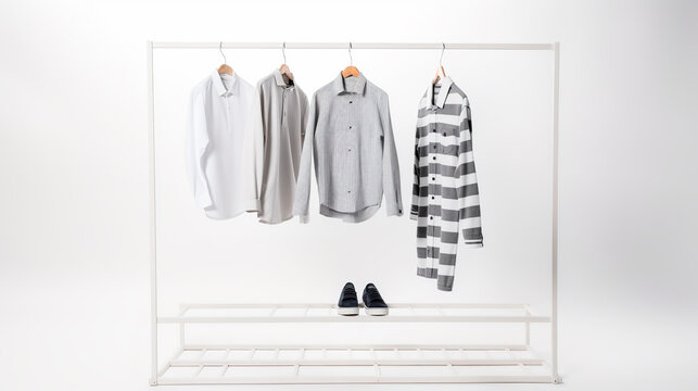 Casual clothing on a metal clothes rack, on white background. Gray and striped apparel on hangers, everyday garments. Well organized minimalist wardrobe or fashion store display.