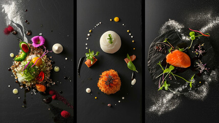 Creative Michelin-starred dishes that use different ingredients but with very creative shapes, Practical, realistic style, and Culinary art.