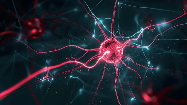 Artistic red blue colored neuron cell in the brain on black illustration background.