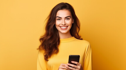 Beautiful young brunette woman holding a phone on yellow background - Powered by Adobe