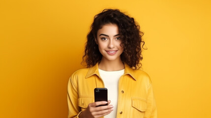 Beautiful young brunette woman holding a phone on yellow background