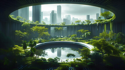 A circular platform, surrounded by green plants and modern buildings, Green ecology, Future city