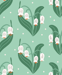 Vector seamless spring pattern of stylized lilies of the valley on a turquoise background